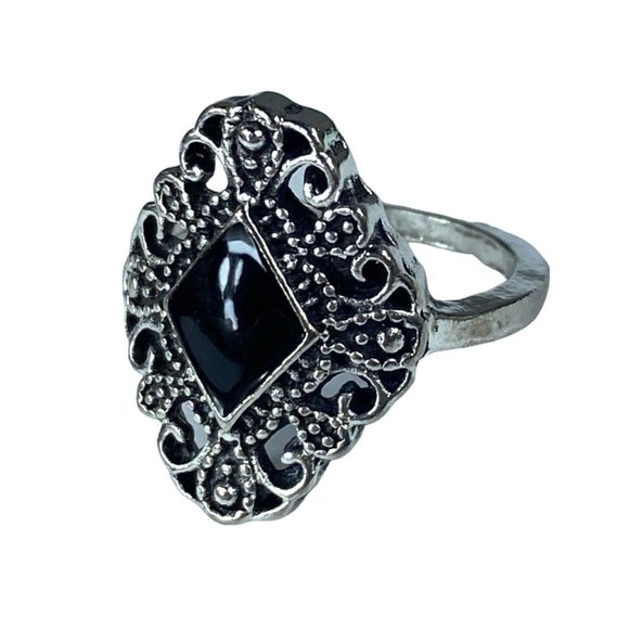 Silver Tone Filagree Ring Black Inlay Small Pinky Finger Approximate Size 6 - Picture 1 of 15